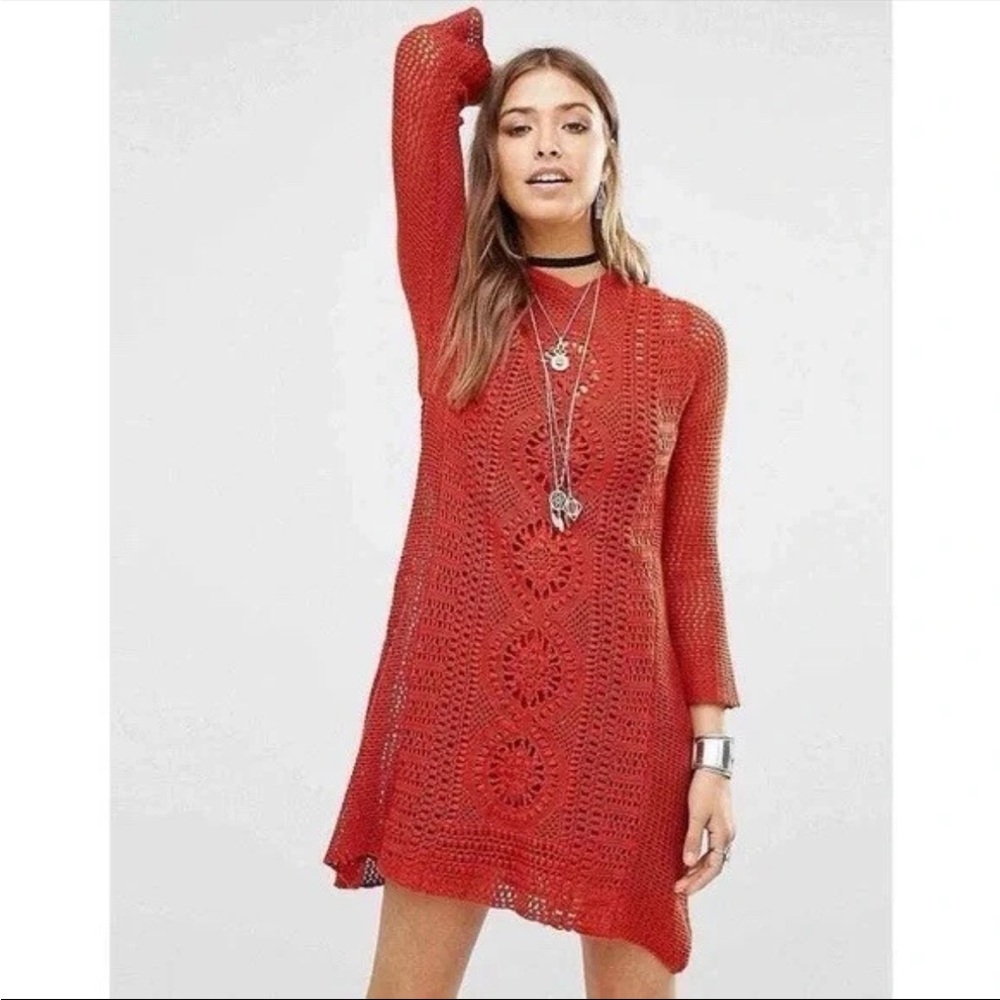 NWOT Free People Rosalind Crochet Burnt Orange Long Sleeve Dress Sz XS
